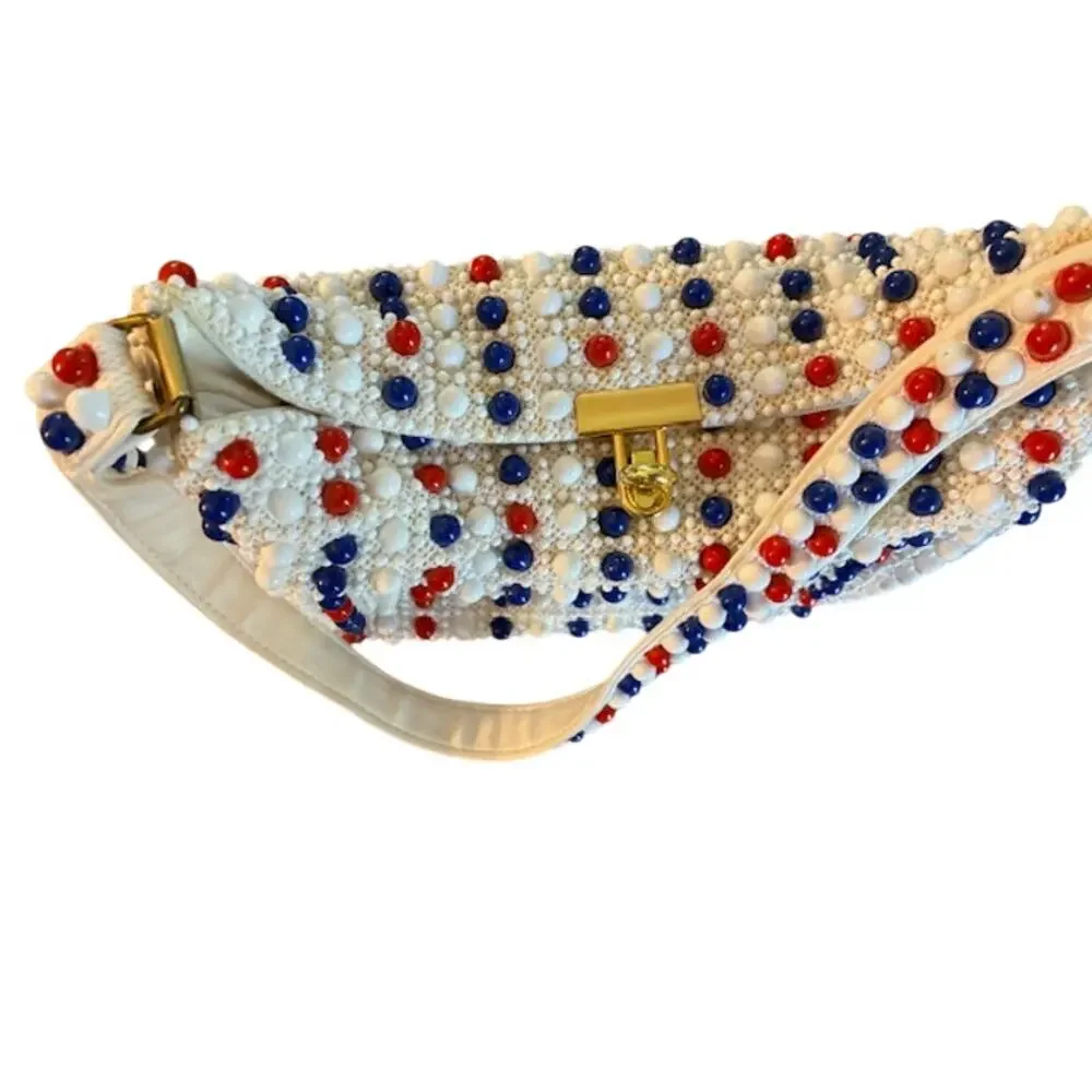 Vintage Lumured Bead Flower Purse New without Tags Red White Blue USA Celebrate‎